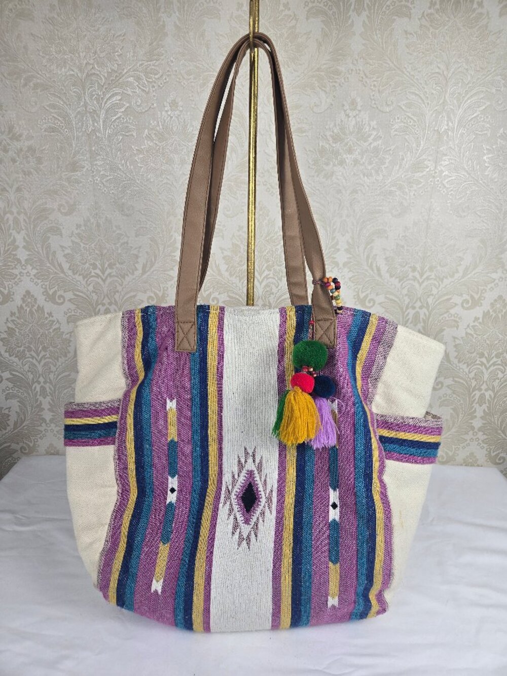 Canvas Tote Bag Double Handle Outside Pockets Colorful Southwestern Print Tassel